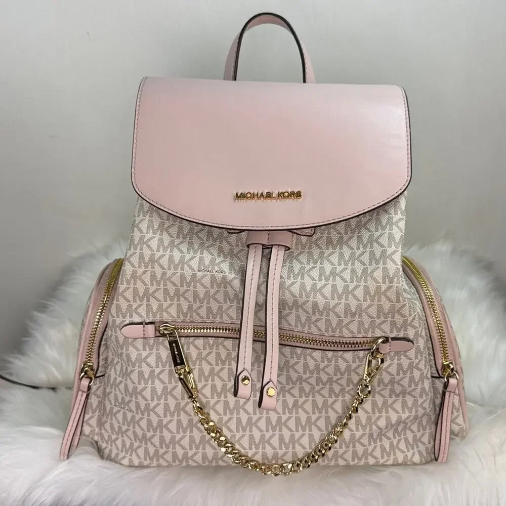 Michael Kors Pink and Cream Jet Set Large Logo Backpack